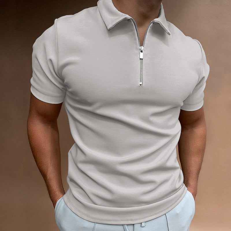 Men’s Polo Shirt with Fold-Over Collar and Zip Closure