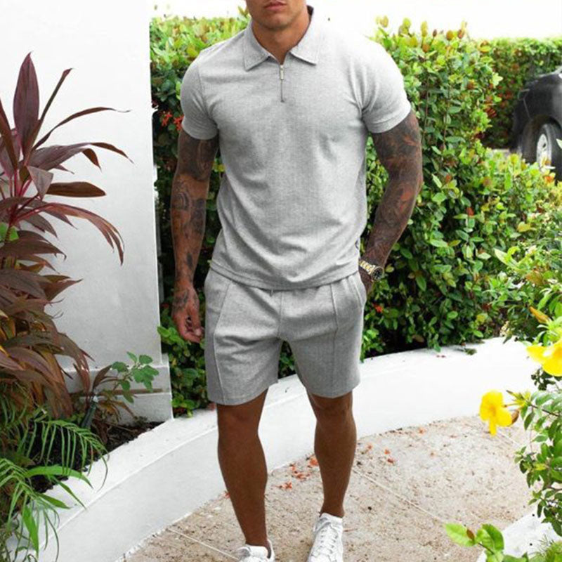 Men’s Polo and Short Set with Fold-Over Collar and Zip Closure