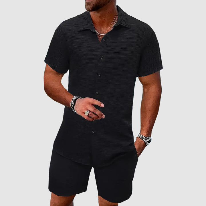 Men’s Shirt and Shorts Set with Pointed Collar and Elastic Waistband