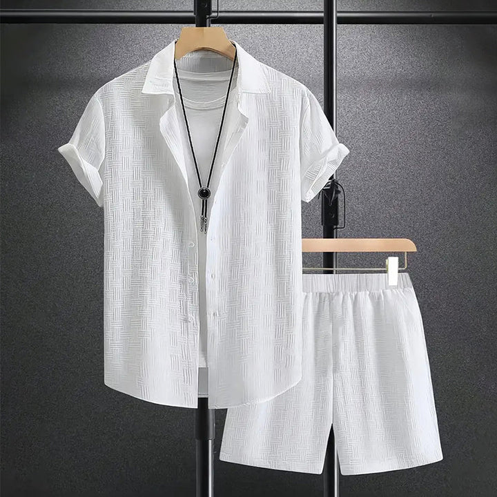 Men’s Shirt and Shorts Set with Pointed Collar and Elastic Waistband