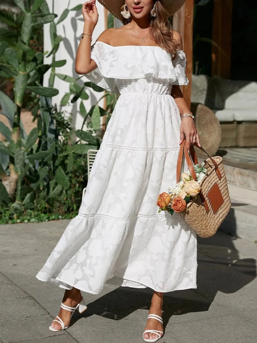 Women’s Midi Dress with Off-Shoulder Neckline and Tiered Skirt