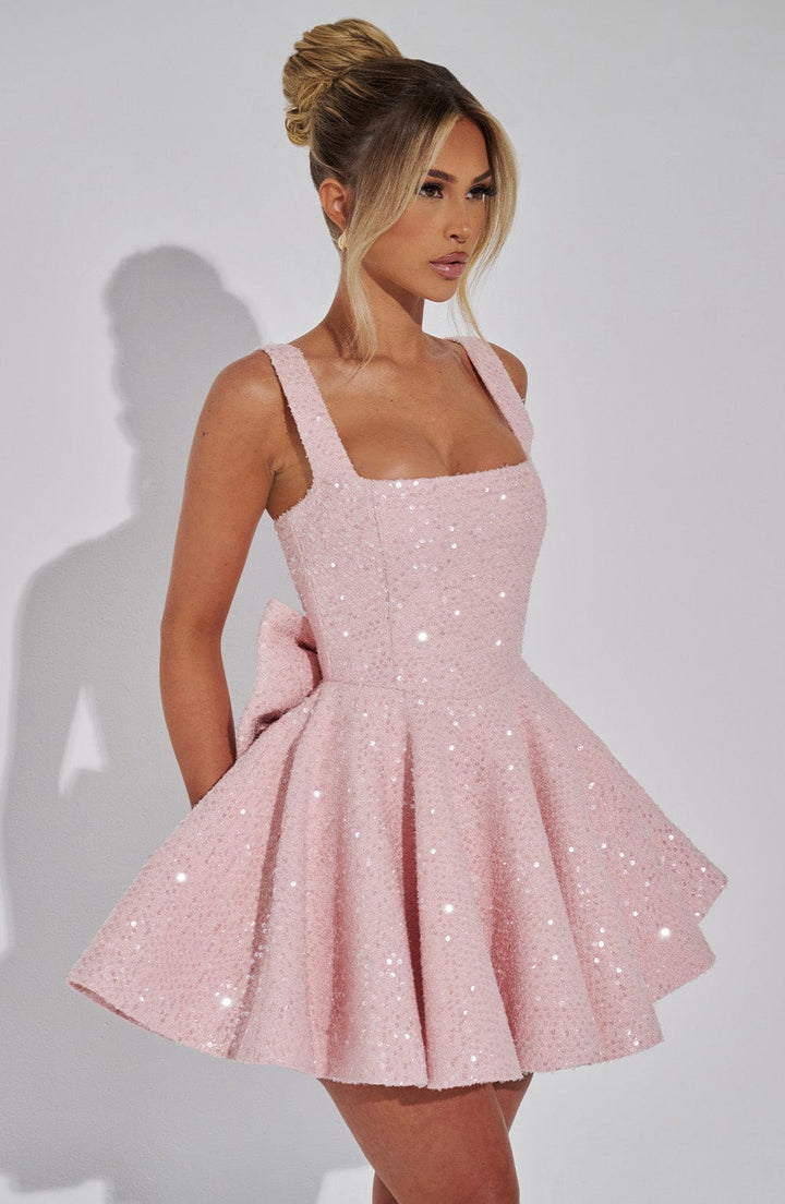 Women’s Mini Dress with Sequin Tweed Bow Detail