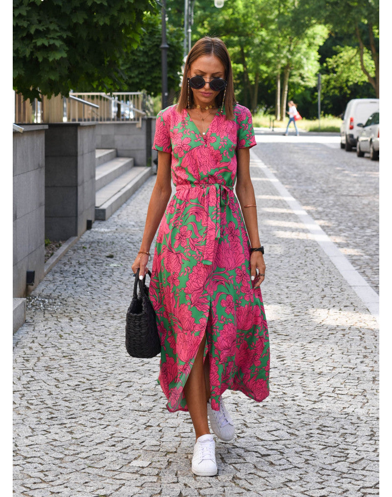 Women’s Wrap Dress with V-Neckline and Floral Pattern