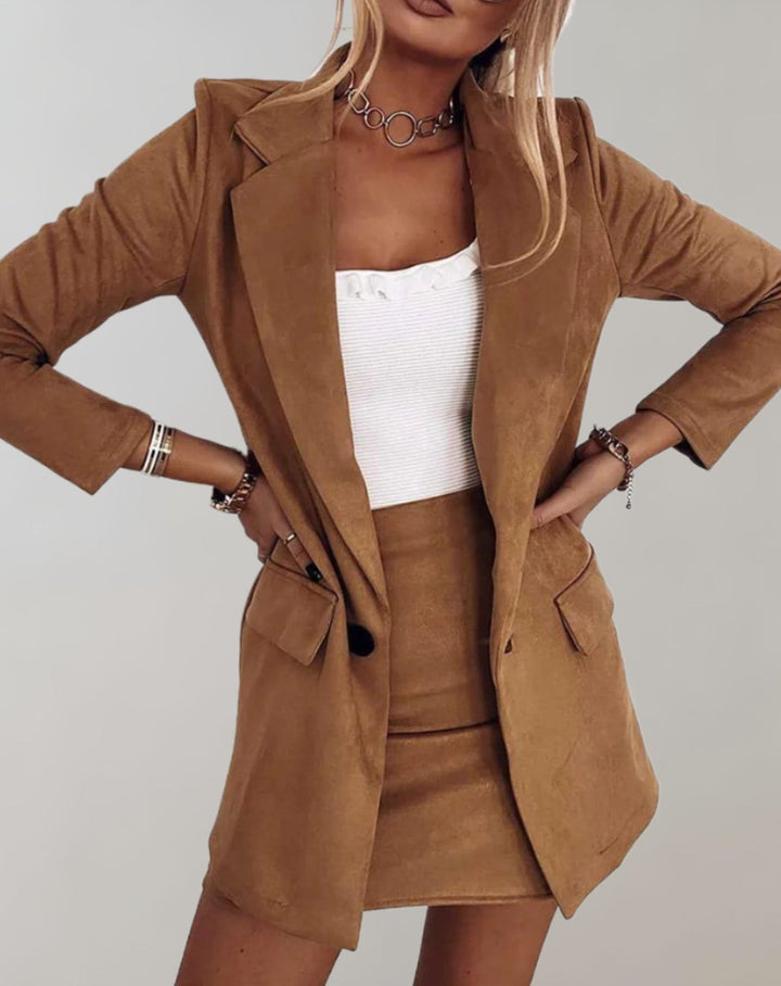 Women’s Blazer and Skirt Set with Notched Lapel and Button Closure