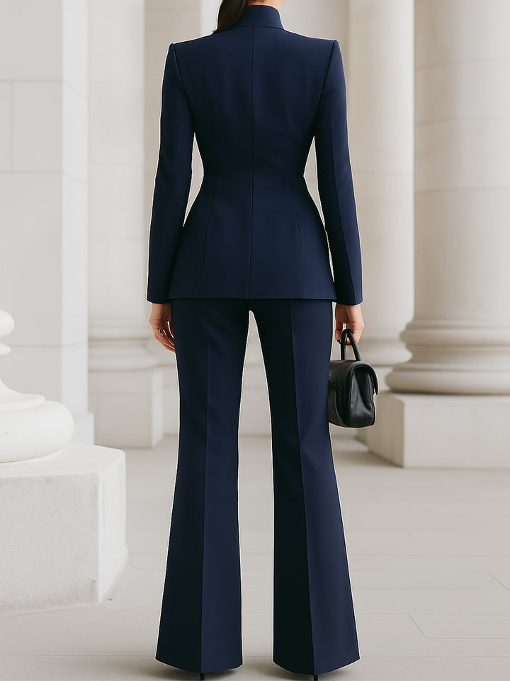 Women’s Blazer and Trousers Set with Stand Collar and Button Closure