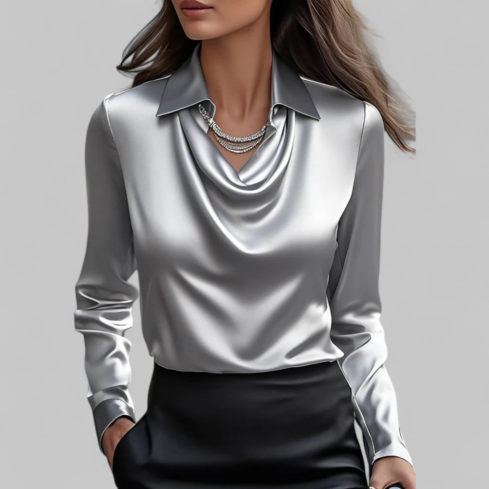 Women’s Blouse with Draped Neckline and Long Sleeves