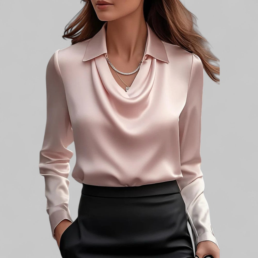 Women’s Blouse with Draped Neckline and Long Sleeves