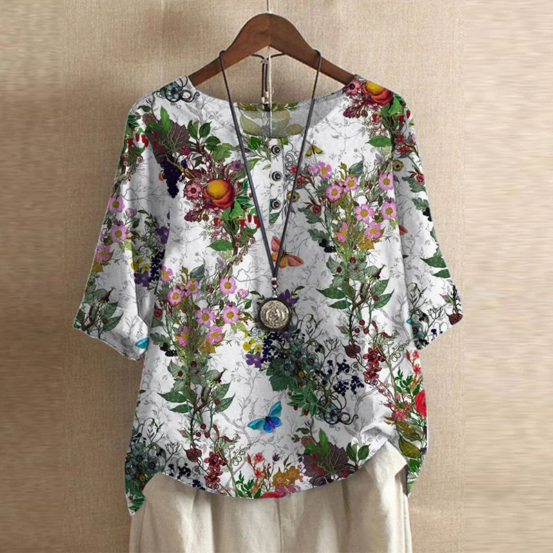 Women’s Blouse with Round Neckline and Button Placket