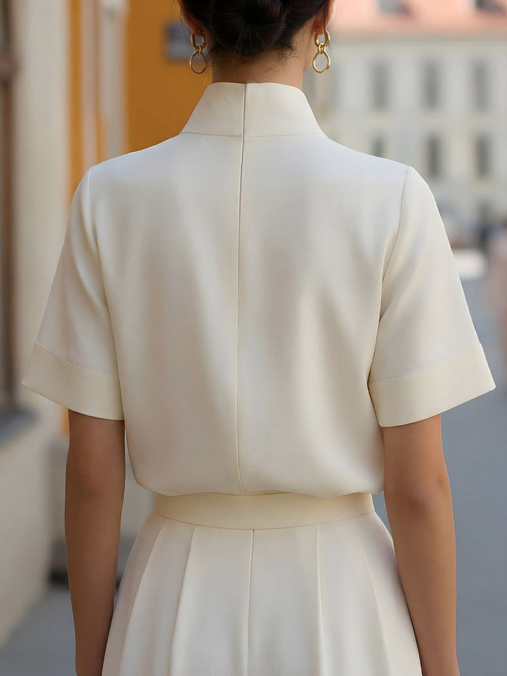 Women’s Blouse with Stand Collar and Short Sleeves