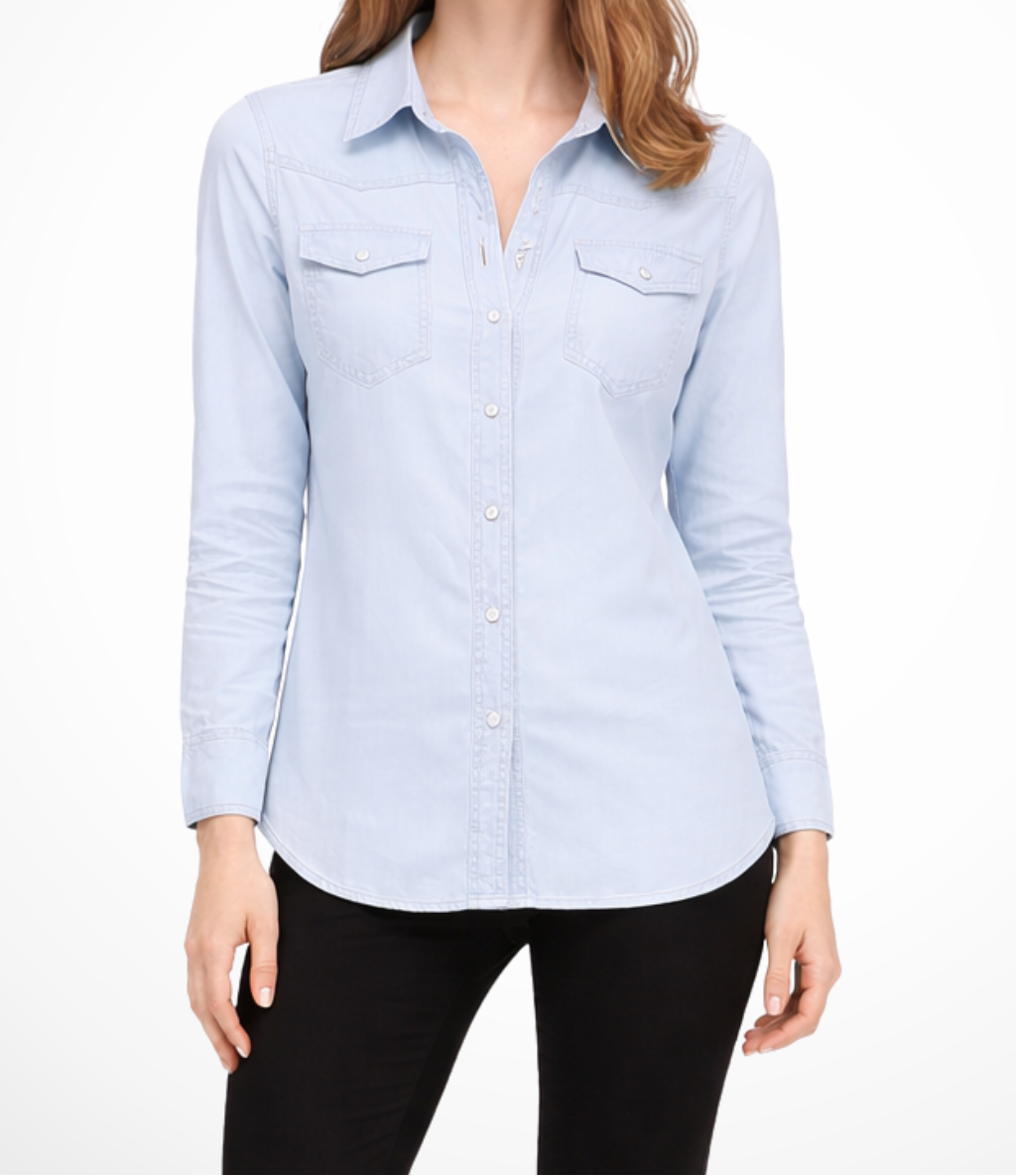 Women’s Denim Shirt with Button Front Closure and Chest Flap Pockets