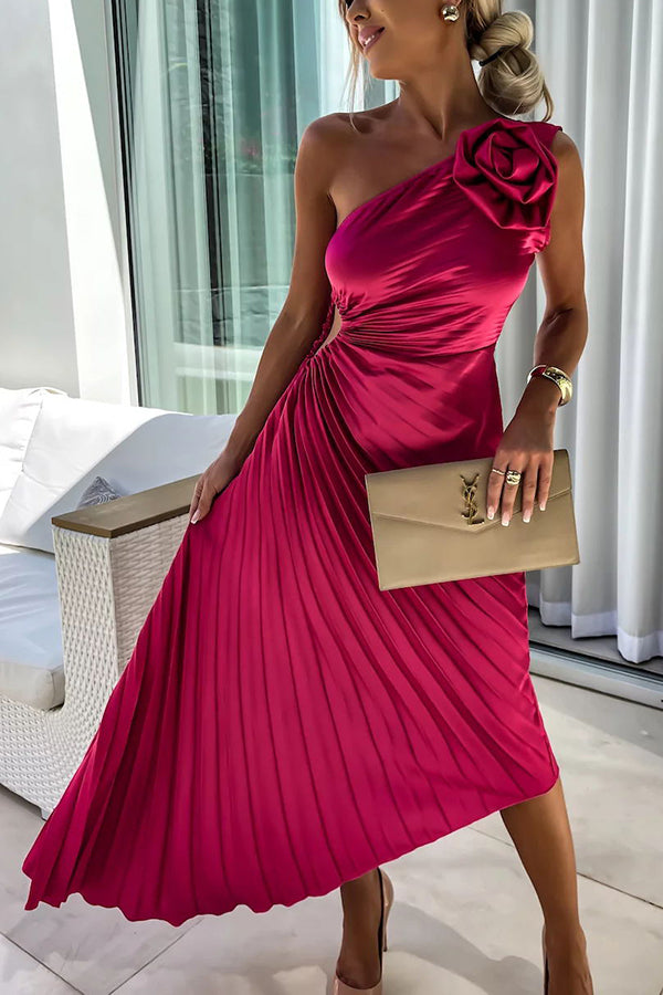Women’s Dress with One-Shoulder Neckline and Flower Applique