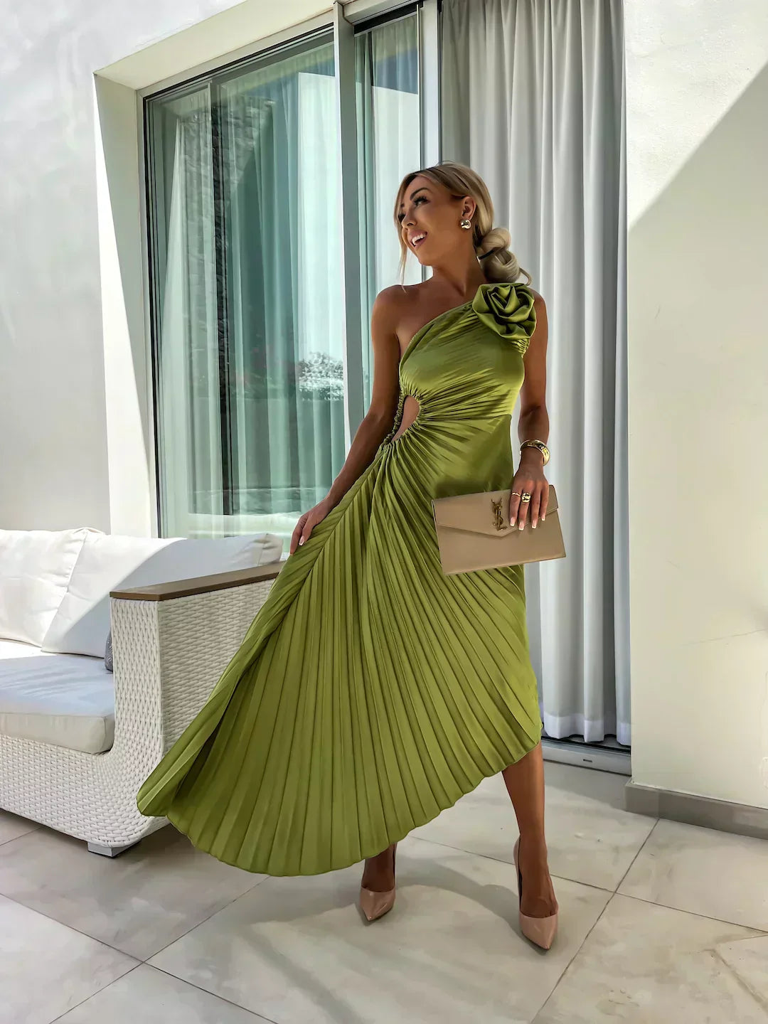 Women’s Dress with One-Shoulder Neckline and Flower Applique