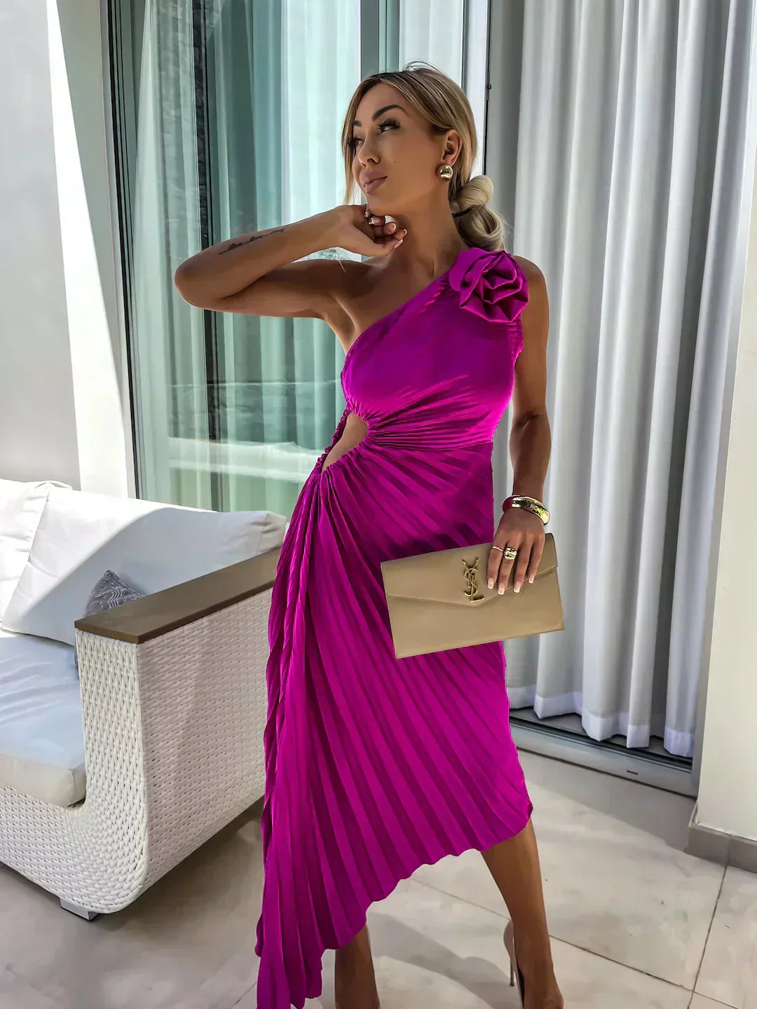 Women’s Dress with One-Shoulder Neckline and Flower Applique