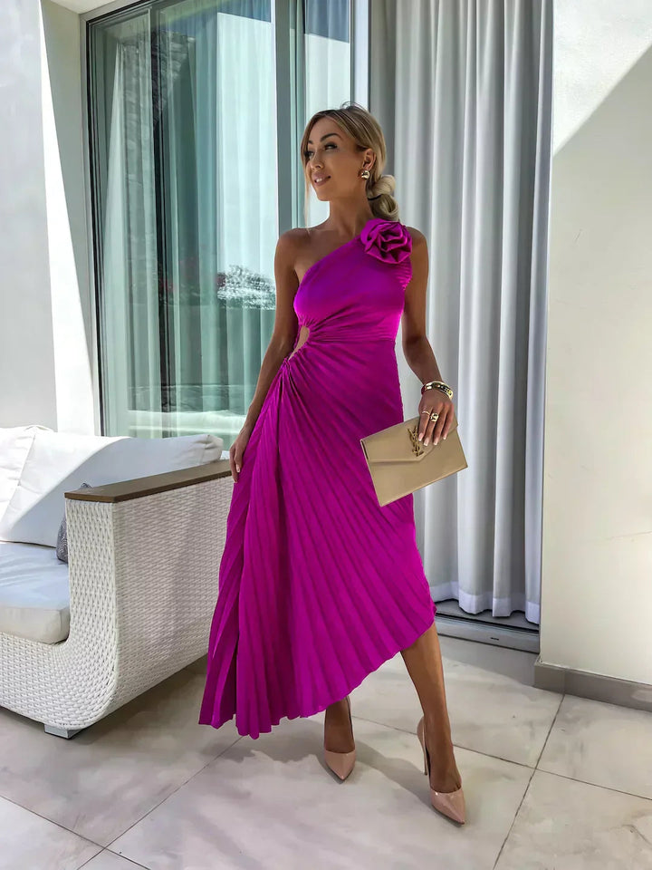 Women’s Dress with One-Shoulder Neckline and Flower Applique