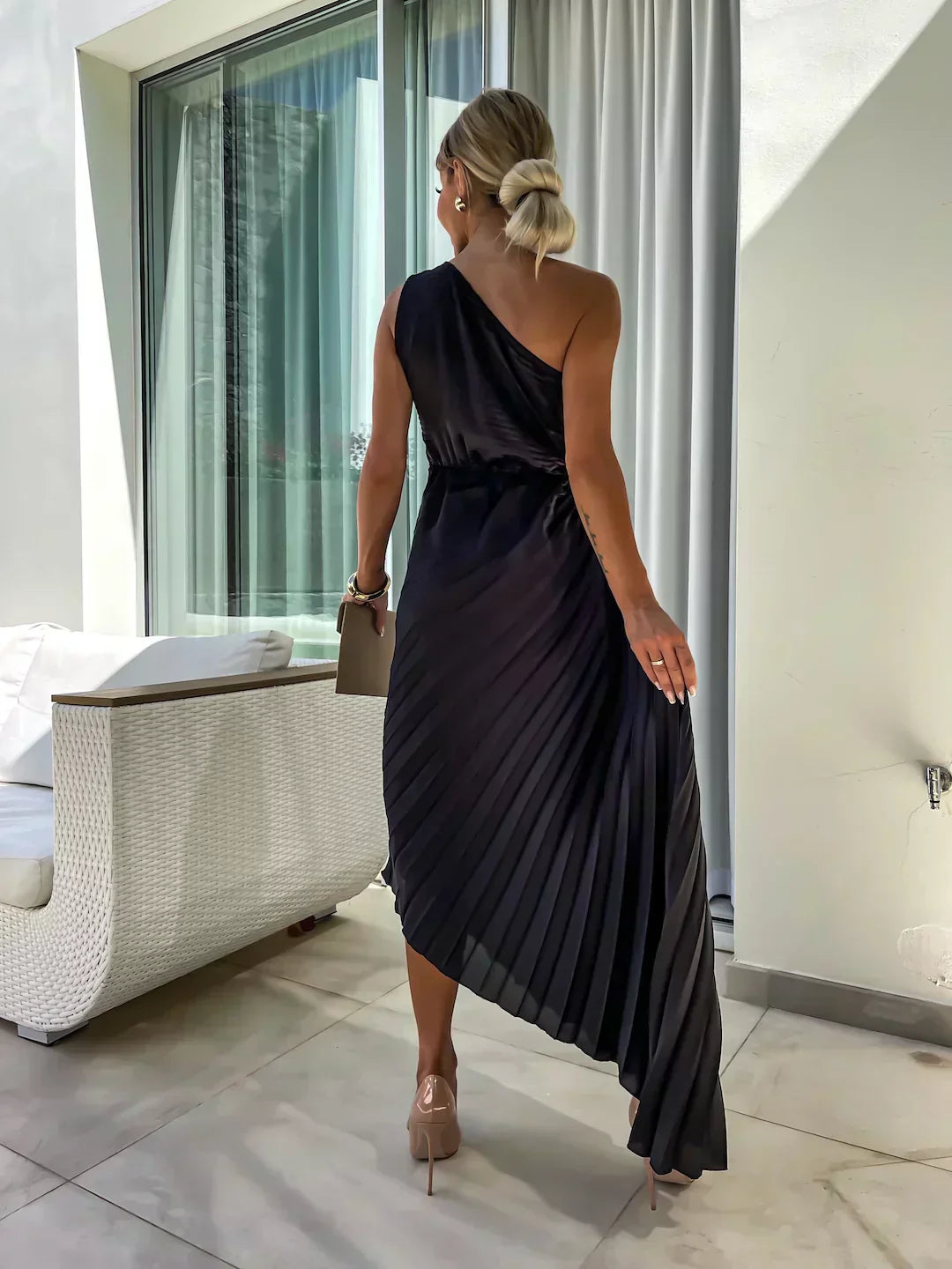 Women’s Dress with One-Shoulder Neckline and Flower Applique