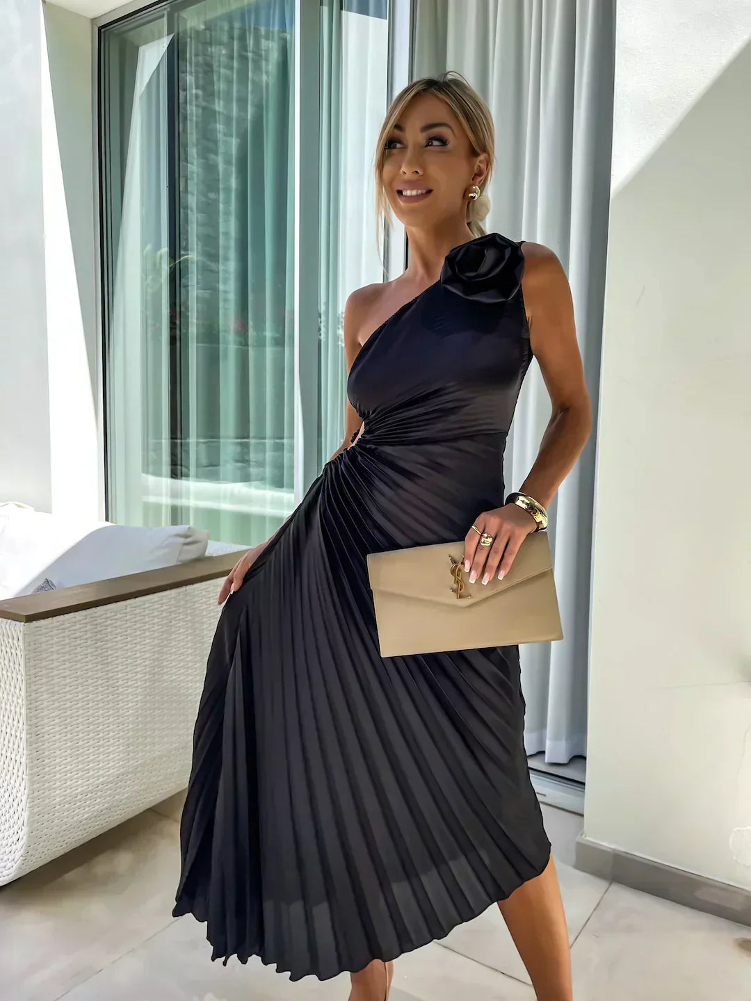Women’s Dress with One-Shoulder Neckline and Flower Applique