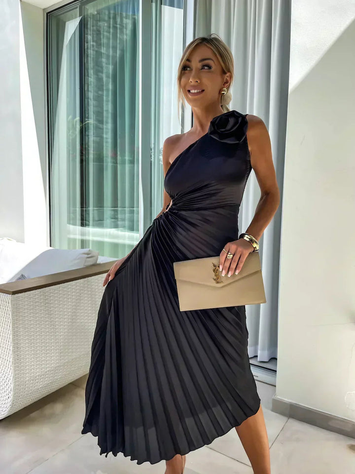 Women’s Dress with One-Shoulder Neckline and Flower Applique