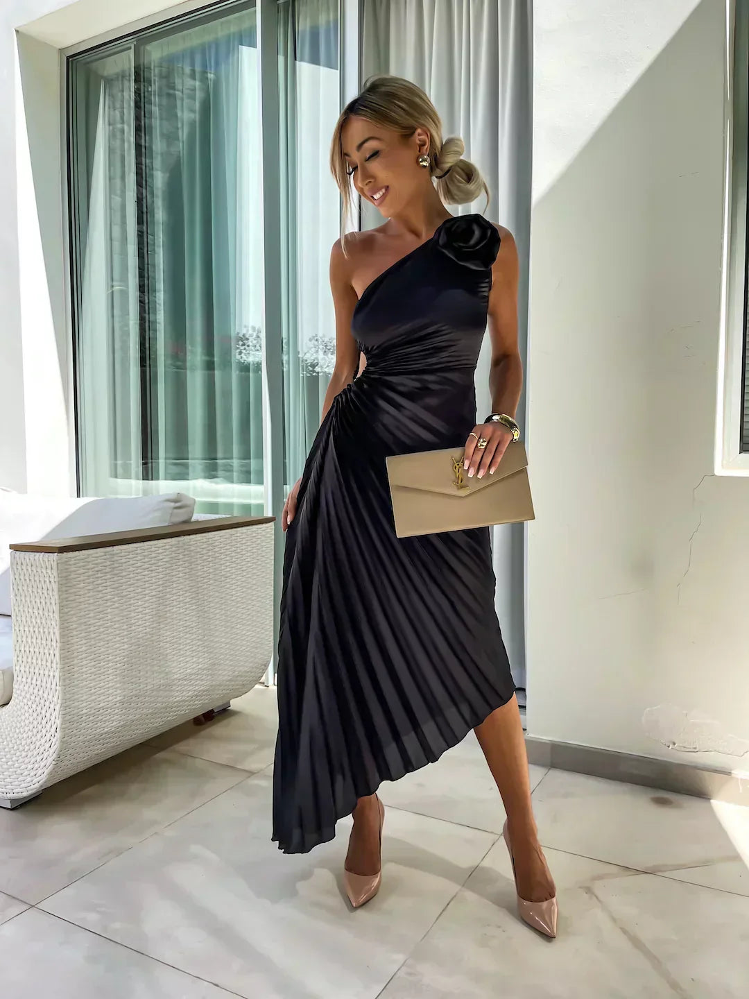 Women’s Dress with One-Shoulder Neckline and Flower Applique
