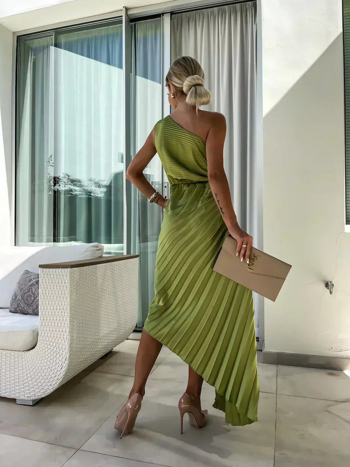 Women’s Dress with One-Shoulder Neckline and Flower Applique