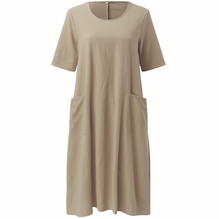 Women’s Dress with Round Neckline and Front Patch Pockets