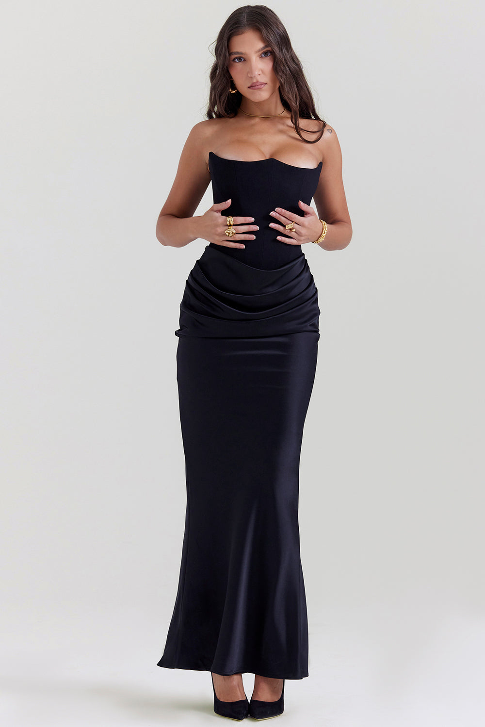 Women’s Dress with Strapless Neckline and Draped Waist Panel