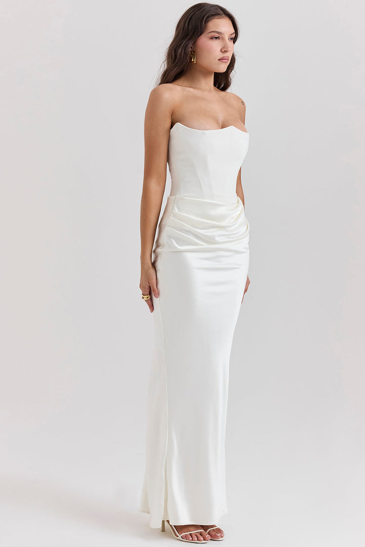 Women’s Dress with Strapless Neckline and Draped Waist Panel
