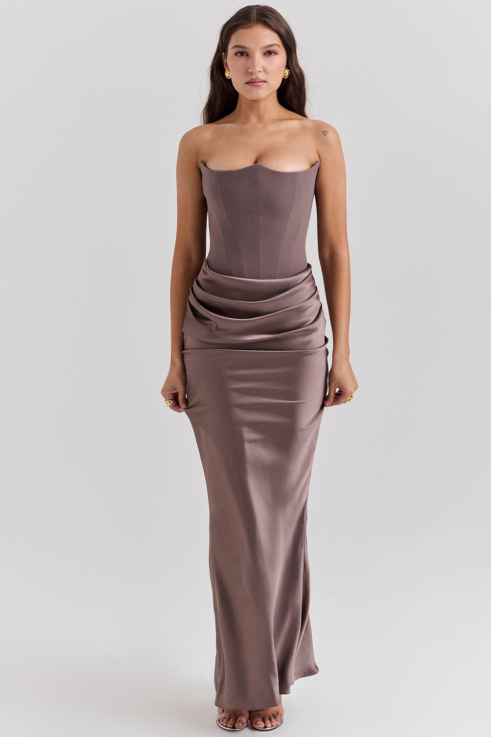 Women’s Dress with Strapless Neckline and Draped Waist Panel