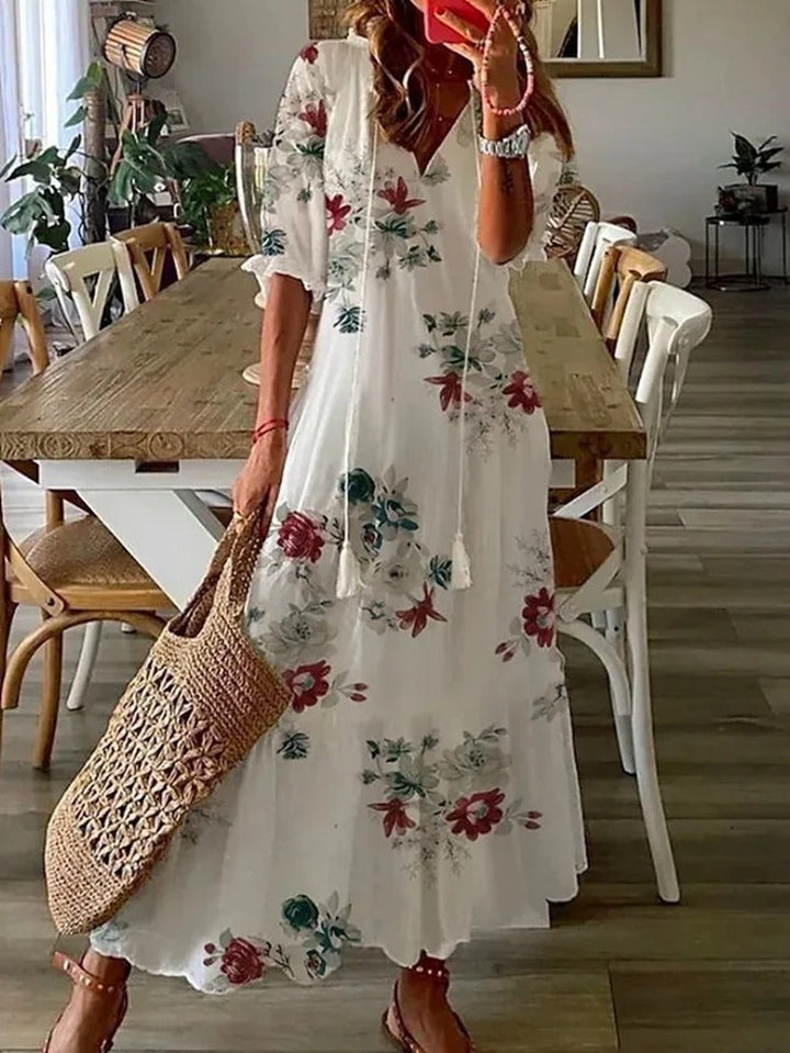 Women’s Dress with V-Neckline and Short Sleeves