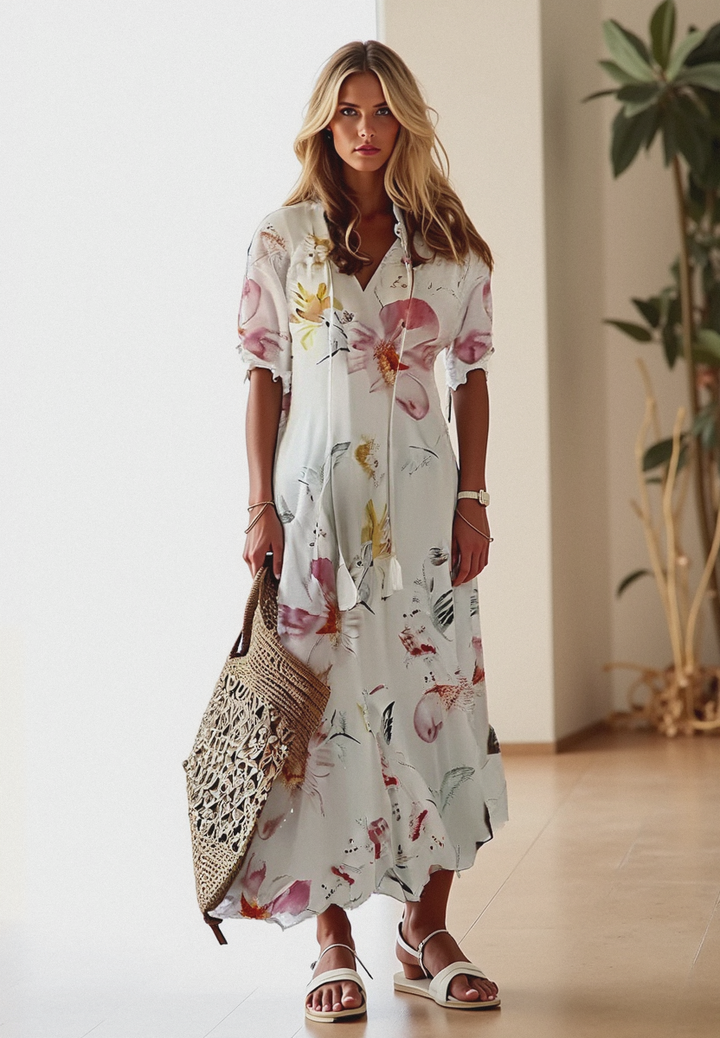 Women’s Dress with V-Neckline and Short Sleeves