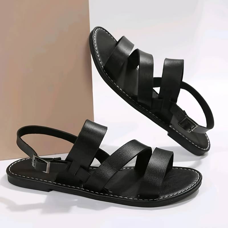 Women’s Flat Sandals with Three-Strap Upper and Back Buckle Closure