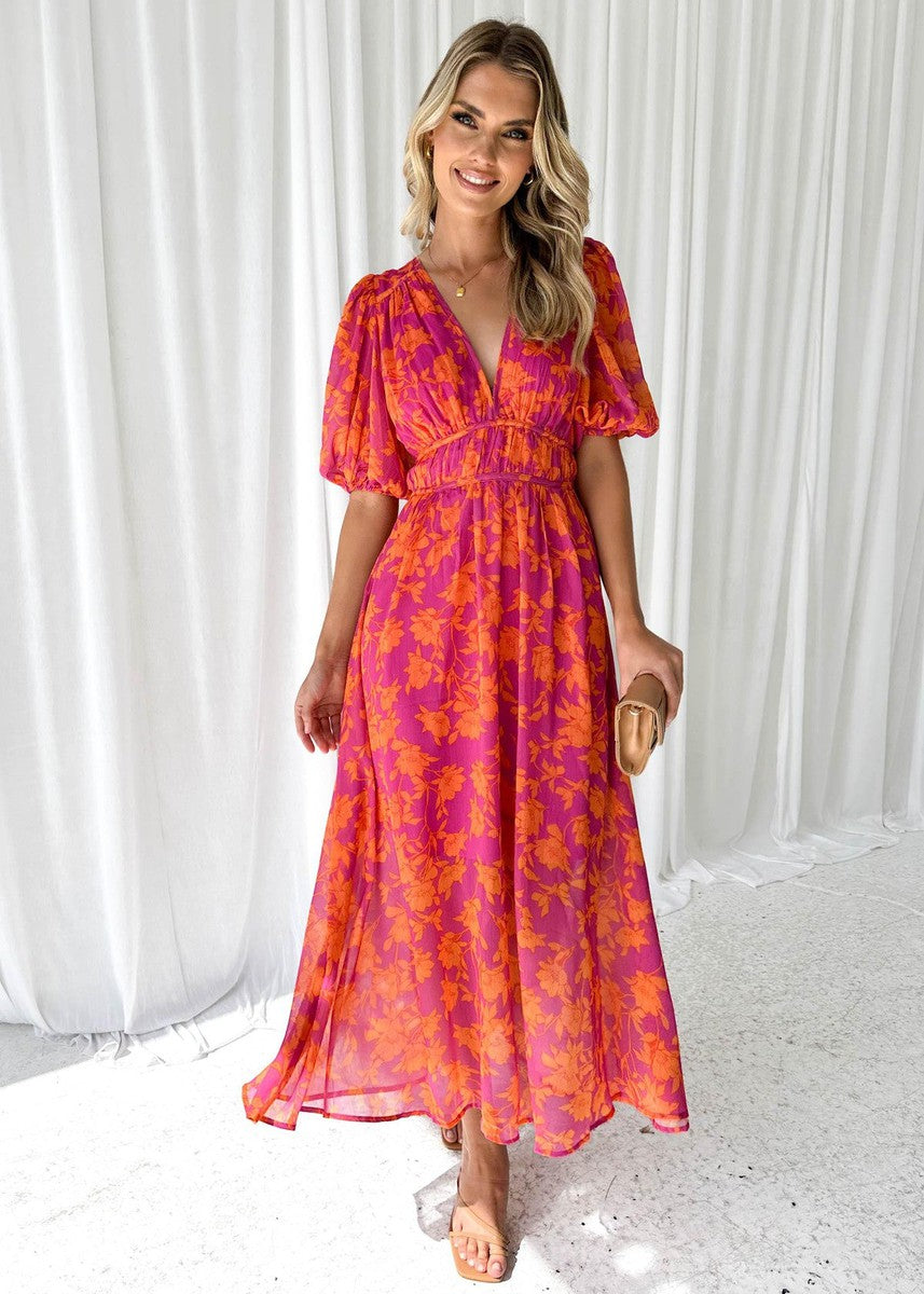Women’s Floral Midi Dress with Puff Sleeves and V‑Neck