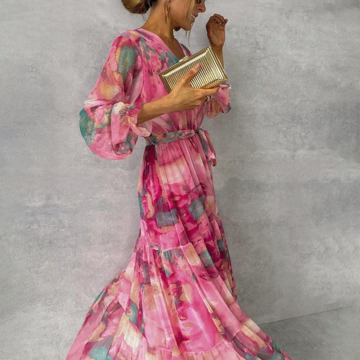 Women’s Floral Wrap Maxi Dress with Belt and Long Sleeves