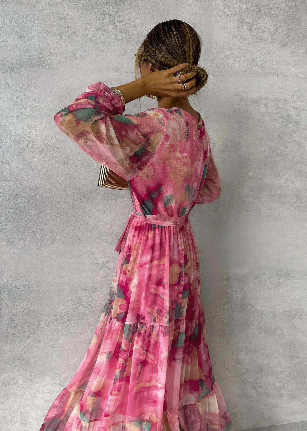 Women’s Floral Wrap Maxi Dress with Belt and Long Sleeves