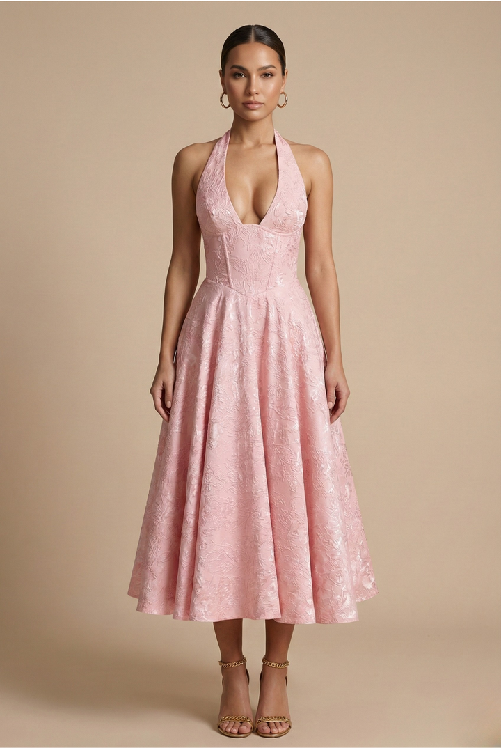 Women’s Halter Neck Midi Dress with Deep Neckline