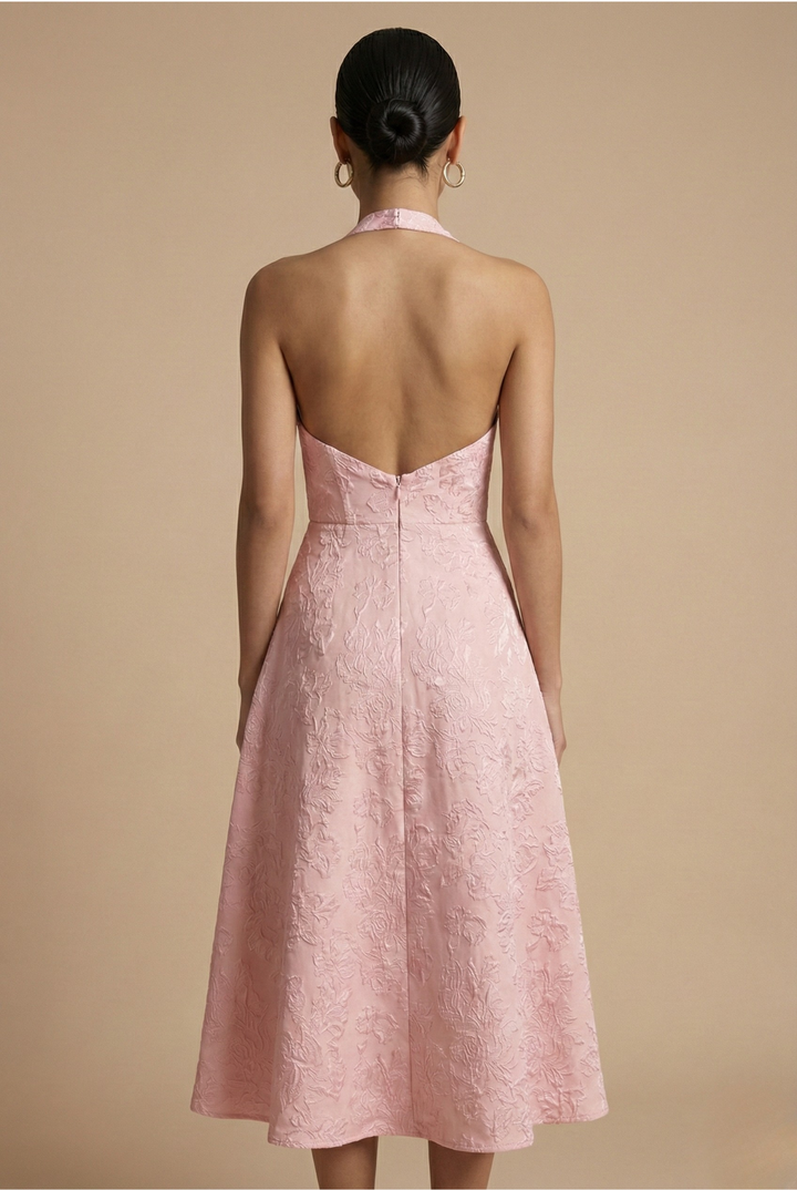 Women’s Halter Neck Midi Dress with Deep Neckline