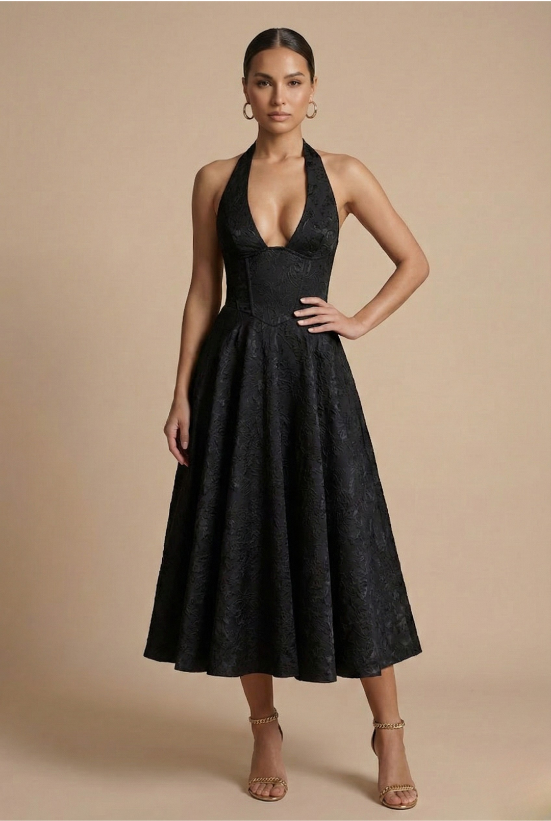 Women’s Halter Neck Midi Dress with Deep Neckline