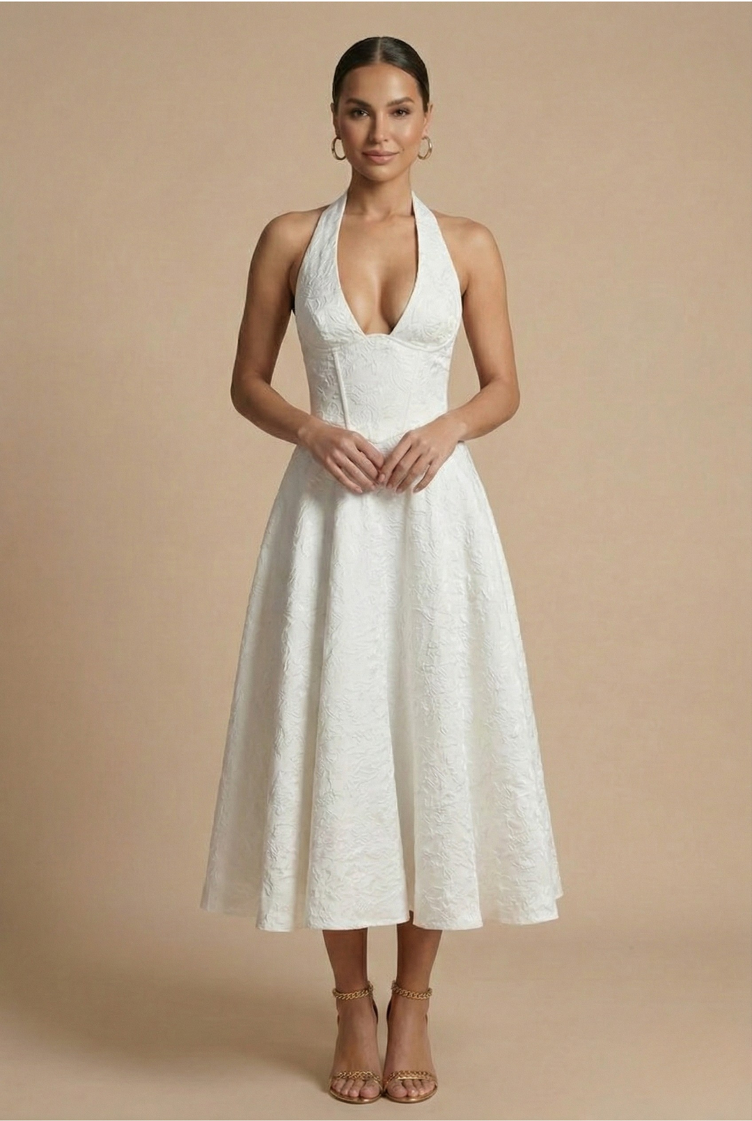 Women’s Halter Neck Midi Dress with Deep Neckline