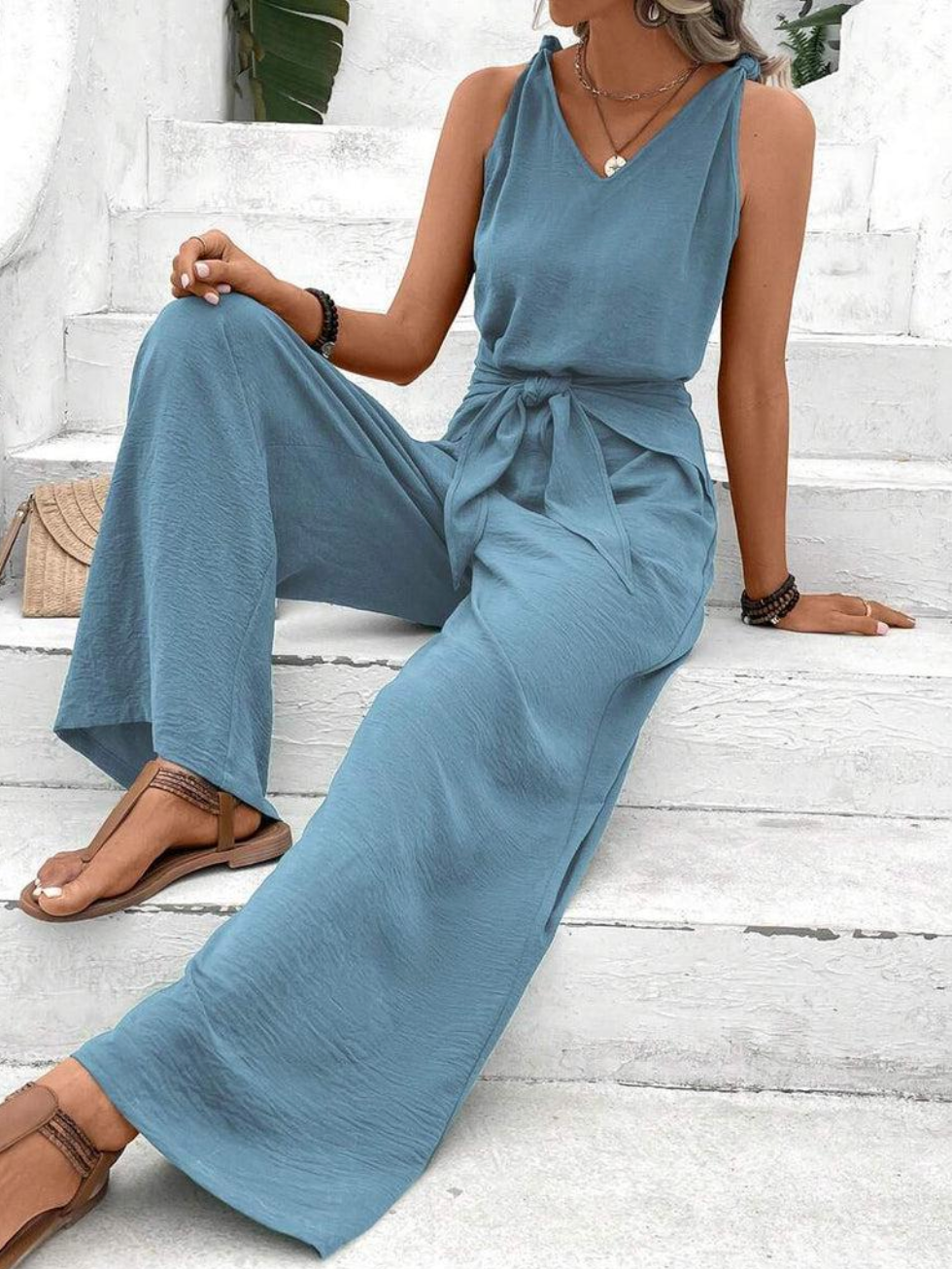 Women’s Jumpsuit with V-Neckline and Waist Tie