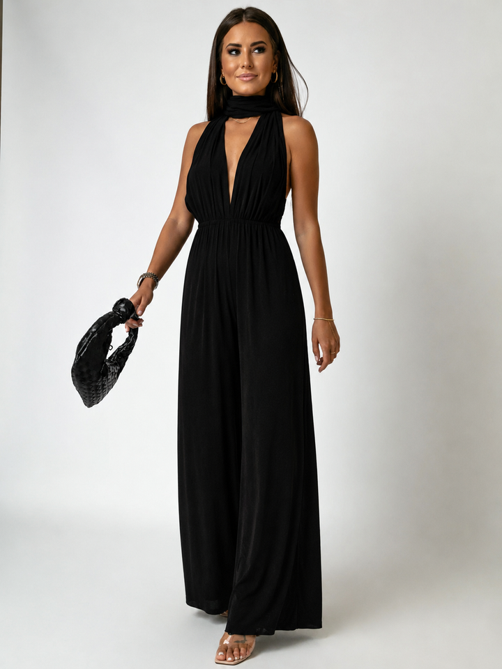 Women’s Jumpsuit with V-Neckline and Wrap Neck Tie