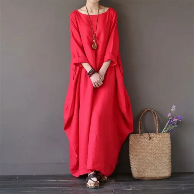 Women’s Long Dress with Round Neckline and Mid Sleeves