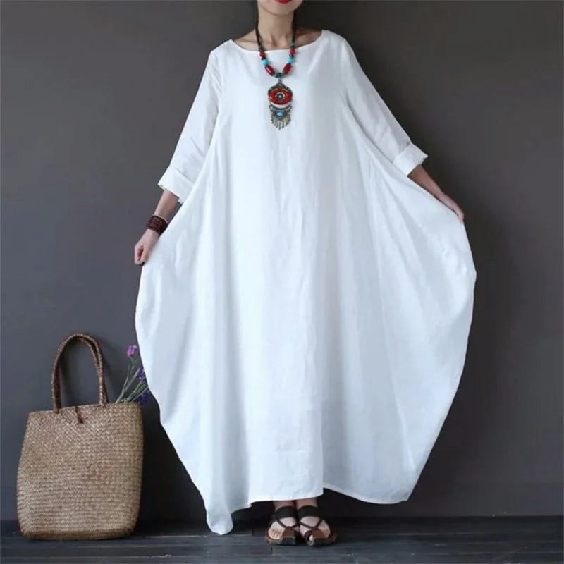 Women’s Long Dress with Round Neckline and Mid Sleeves