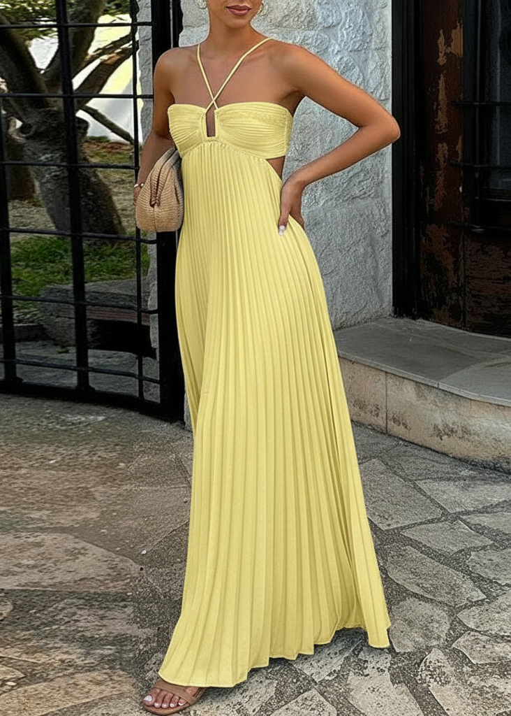 Women’s Maxi Dress with Crossed Neck Straps and Waist Cutouts