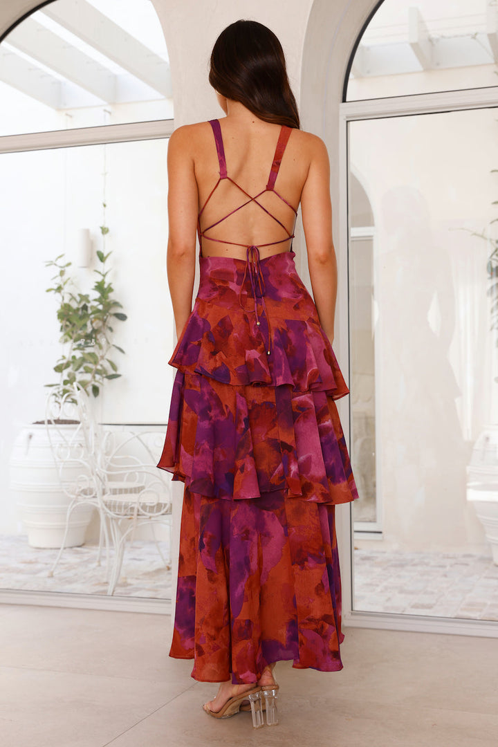 Women’s Maxi Dress with Deep V-Neckline and Ruffle Layers