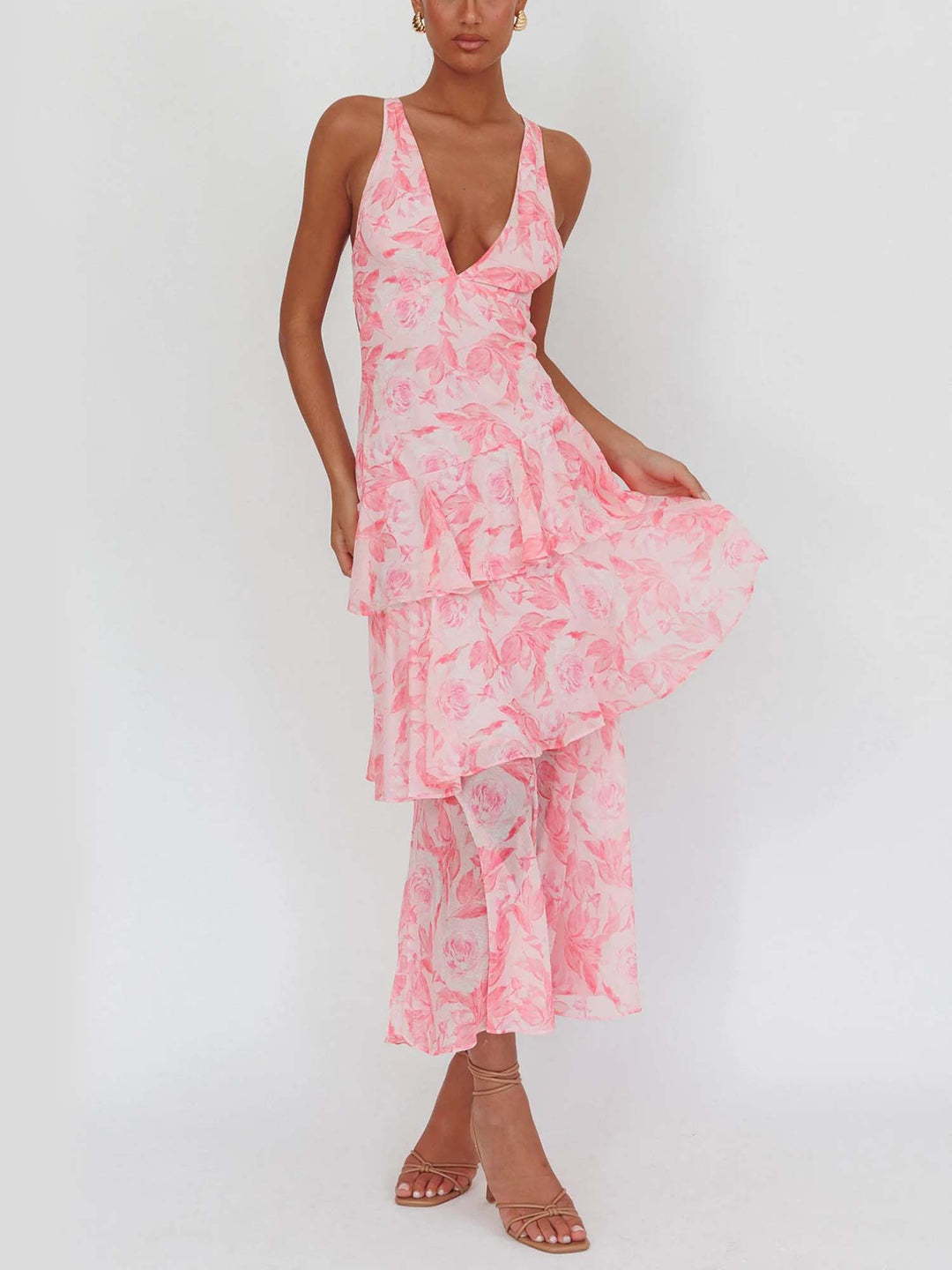 Women’s Maxi Dress with Deep V-Neckline and Ruffle Layers