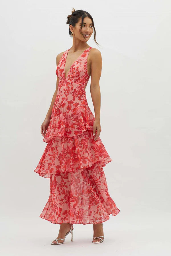 Women’s Maxi Dress with Deep V-Neckline and Ruffle Layers