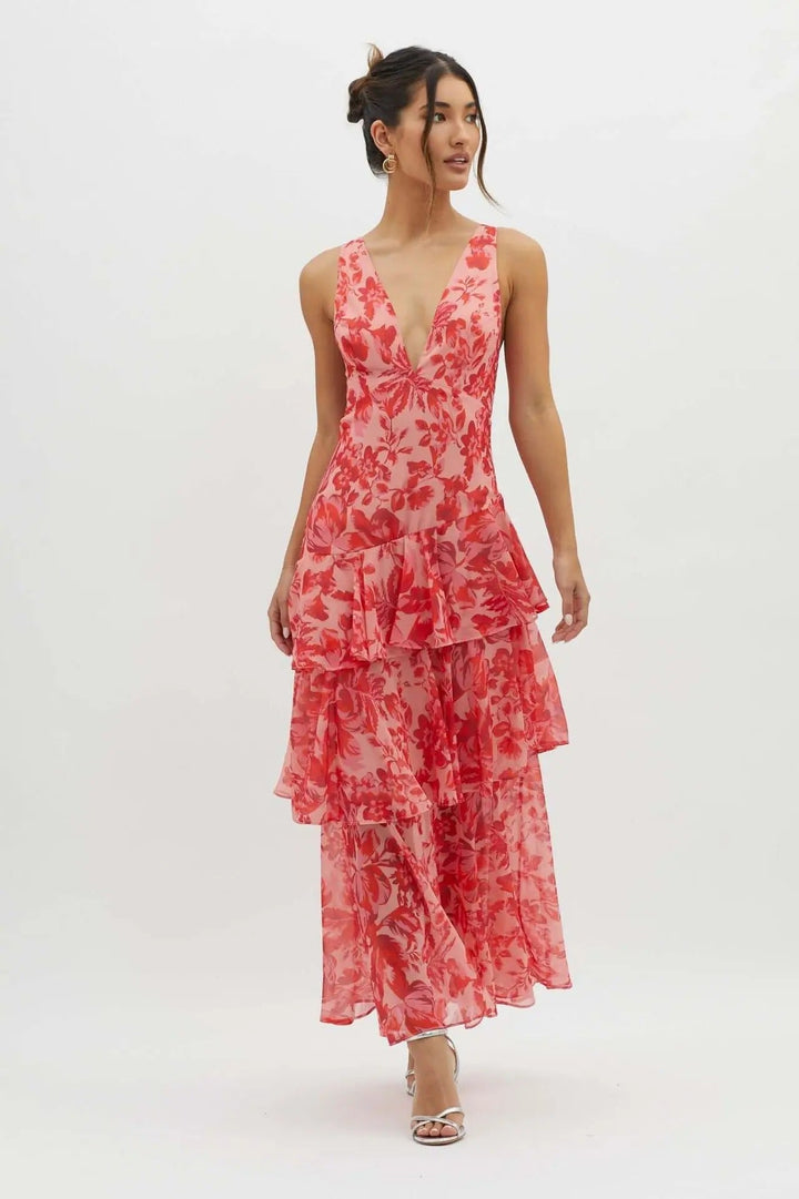 Women’s Maxi Dress with Deep V-Neckline and Ruffle Layers