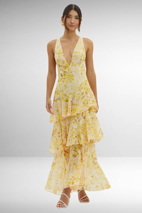 Women’s Maxi Dress with Deep V-Neckline and Ruffle Layers