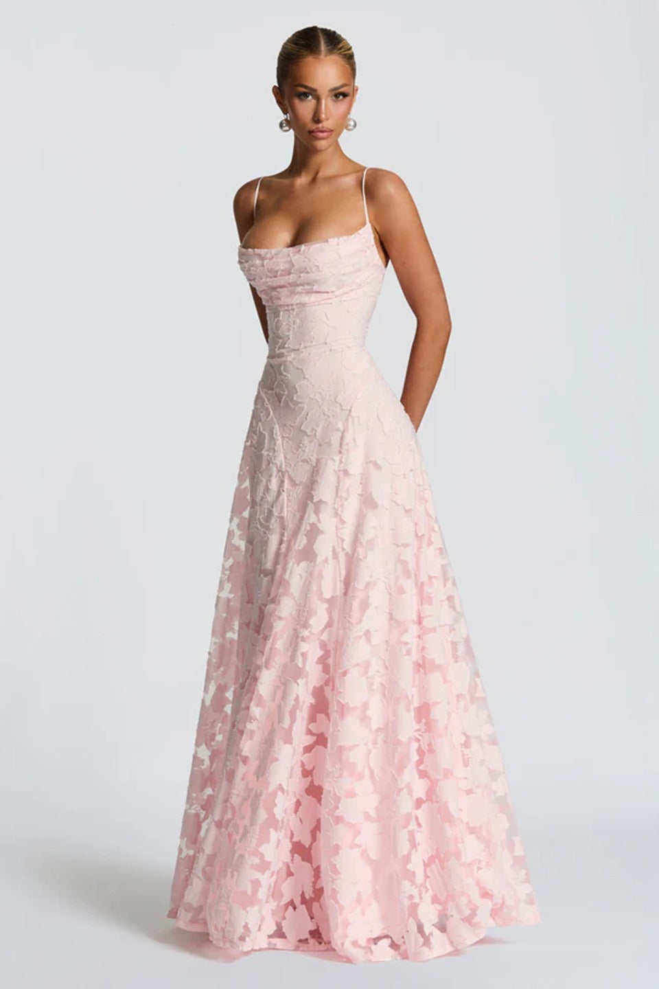 Women’s Maxi Dress with Draped Neckline and Laced Open Back