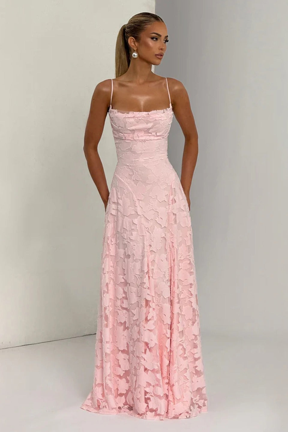 Women’s Maxi Dress with Draped Neckline and Laced Open Back