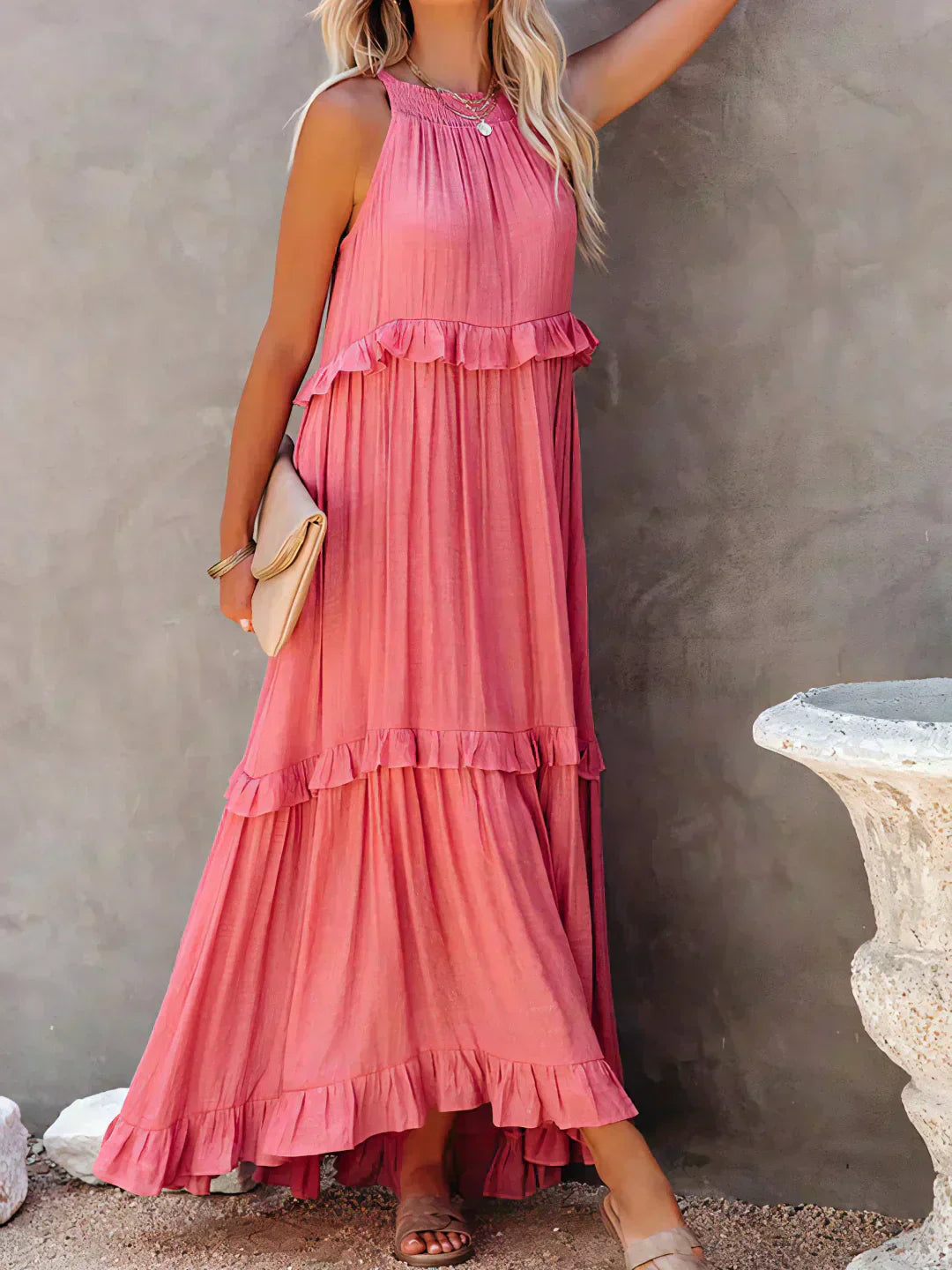 Women’s Maxi Dress with Gathered Neckline and Ruffle Trim